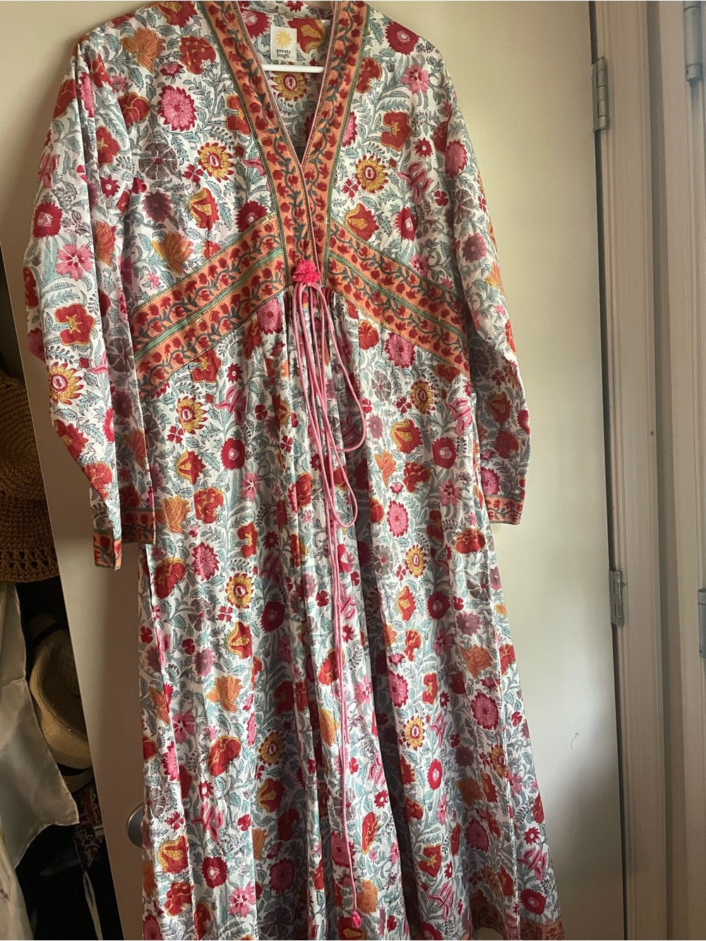 Handblocked Floral Maxi Dress with Tie Front - Pink & Orange
